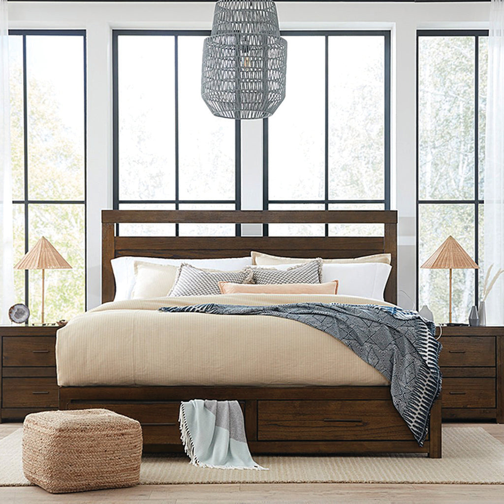 Wooden panel bed with dresser and nightstand