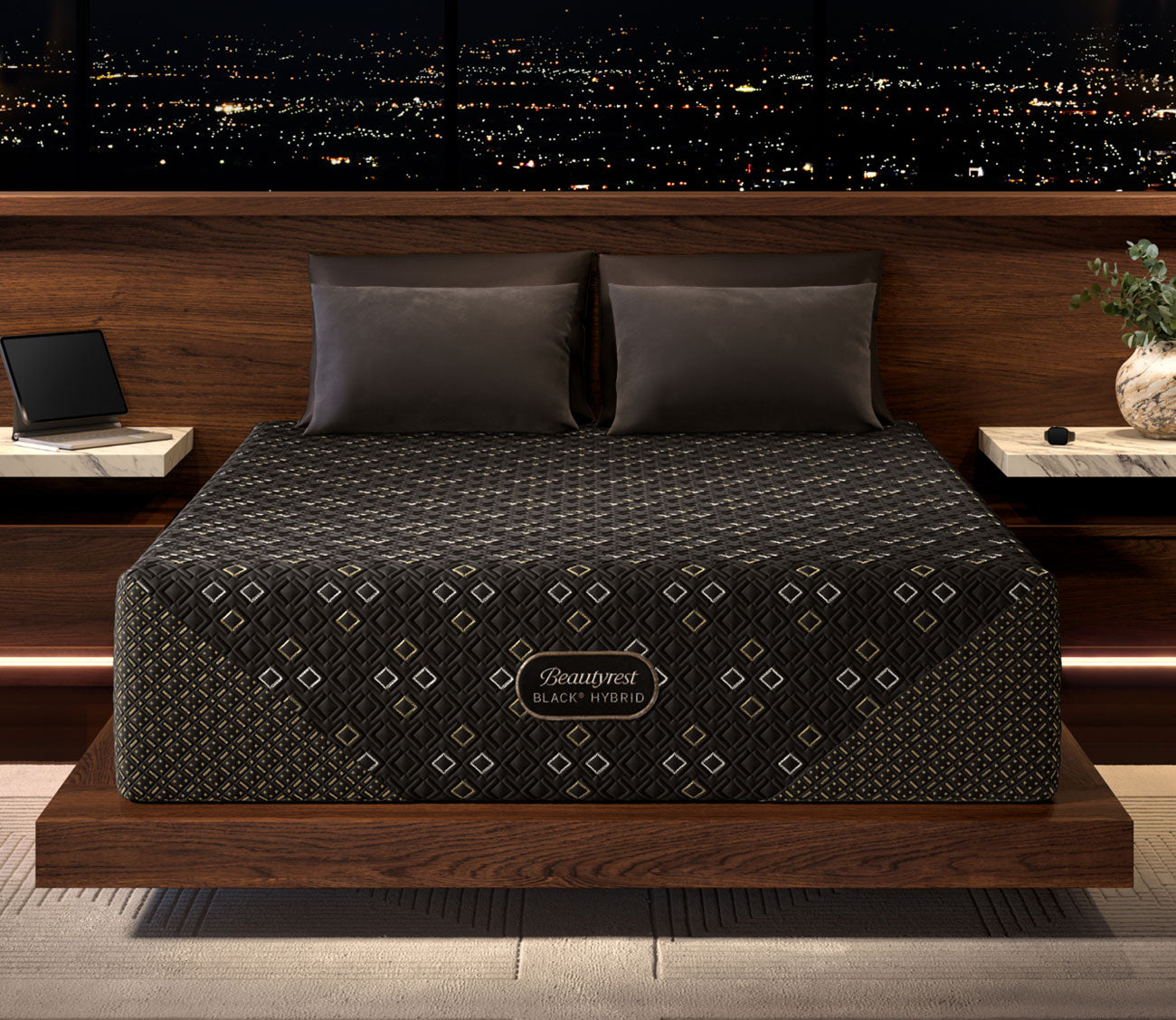 Beautyrest Black Hybrid Series Five XCS Plush Mattress in a bedroom setting.