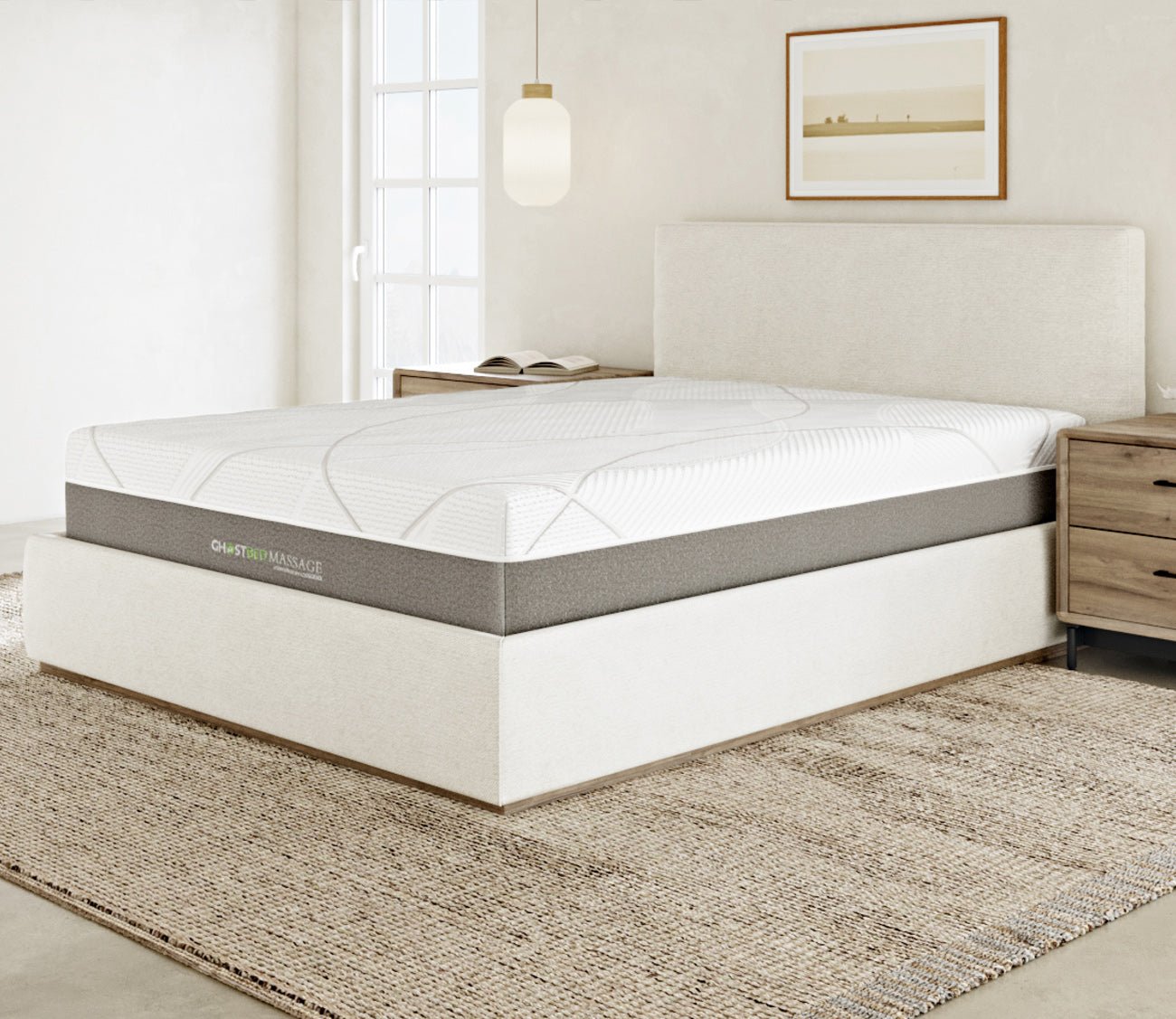GhostBed Massage Hybrid Mattress in a bedroom featured with an upholstered bed
