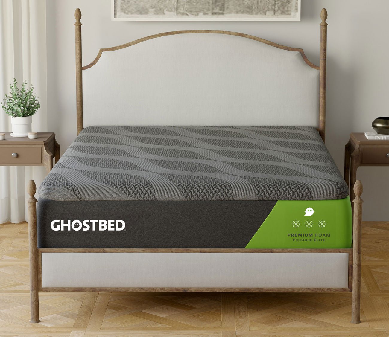 GhostBed Premium Foam Mattress featured with an upholstered bed in a bedroom setting