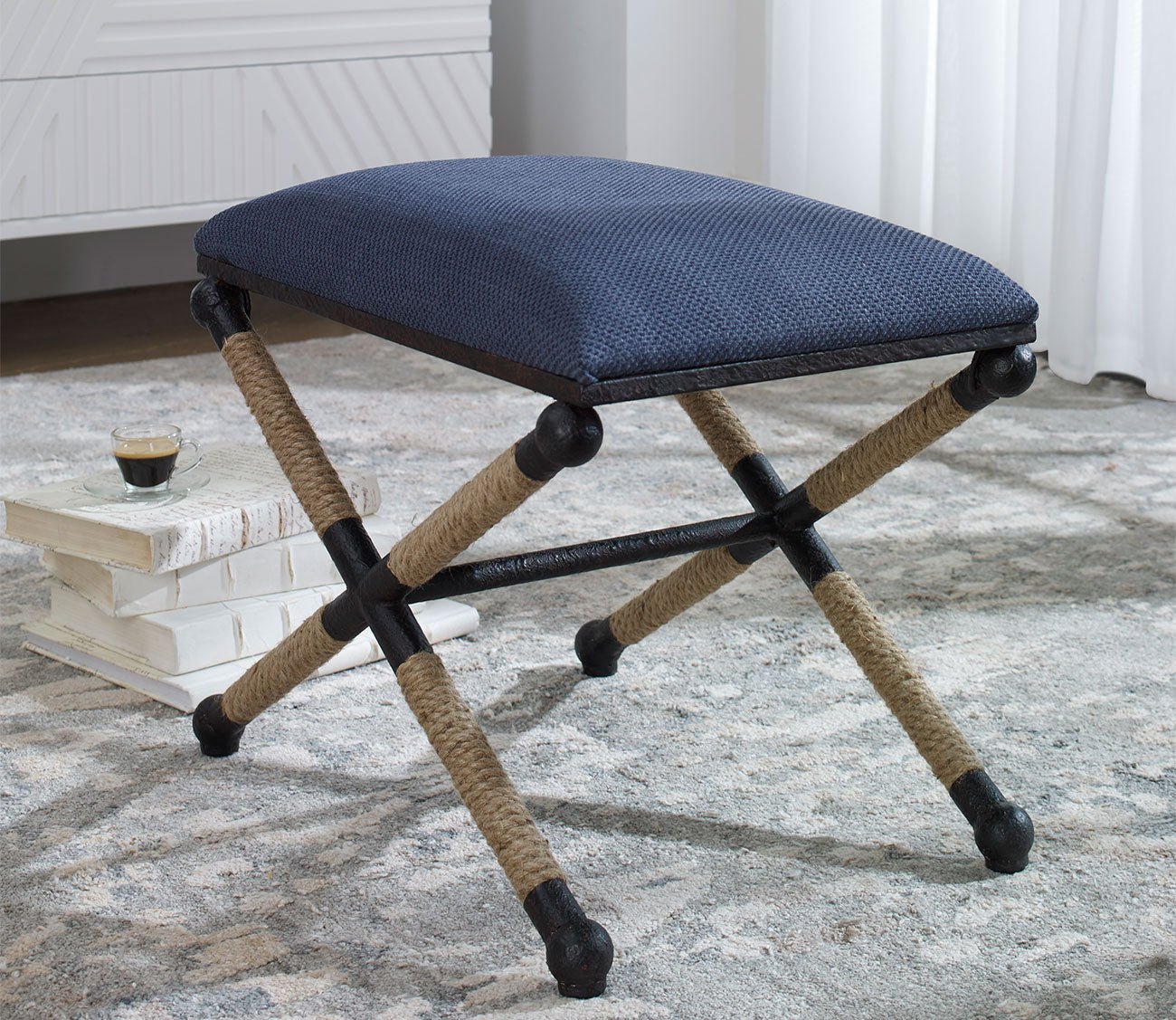 Firth Small Navy Fabric Bench by Uttermost