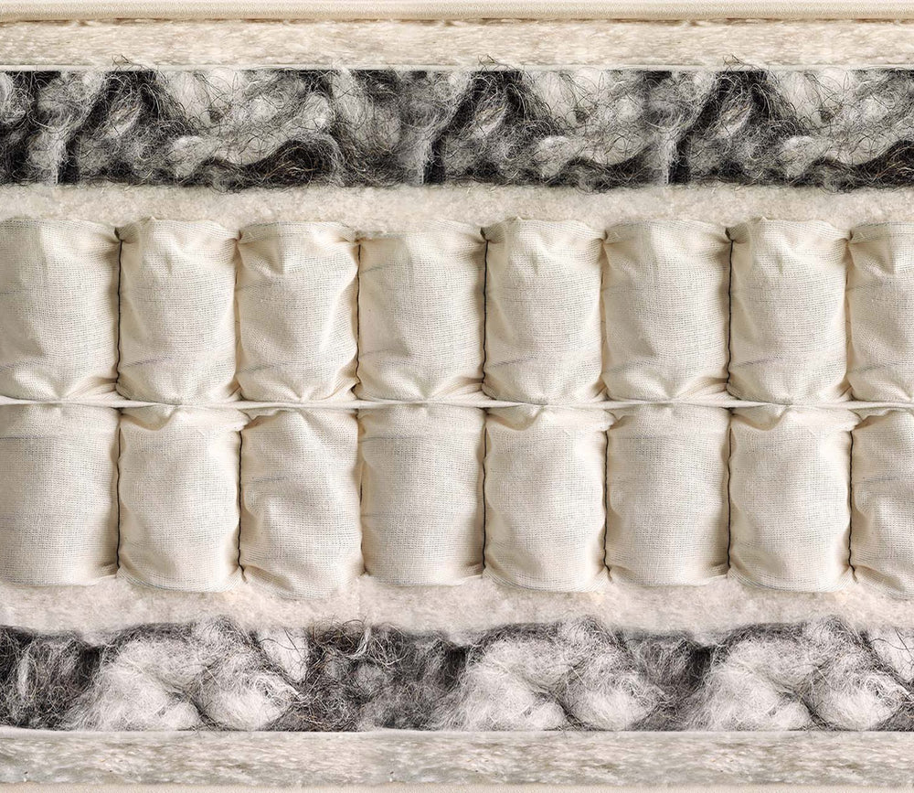 Close-up of Cashmere Superb mattress support system showing rows of off-white cylindrical inserts between dark gray and white fibrous material.