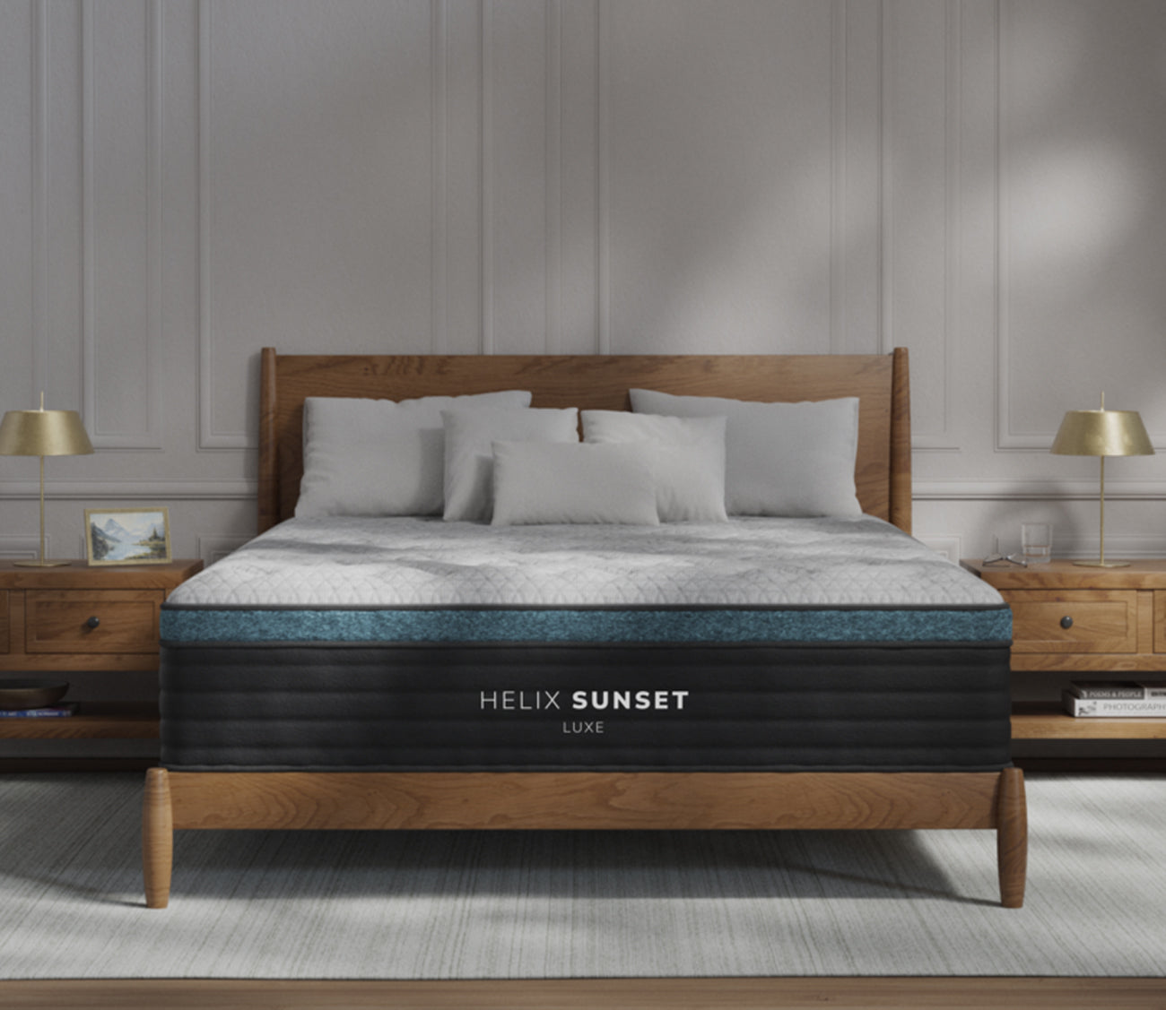 Helix Sunset Luxe Mattress with Tencel cover in a bedroom setting 