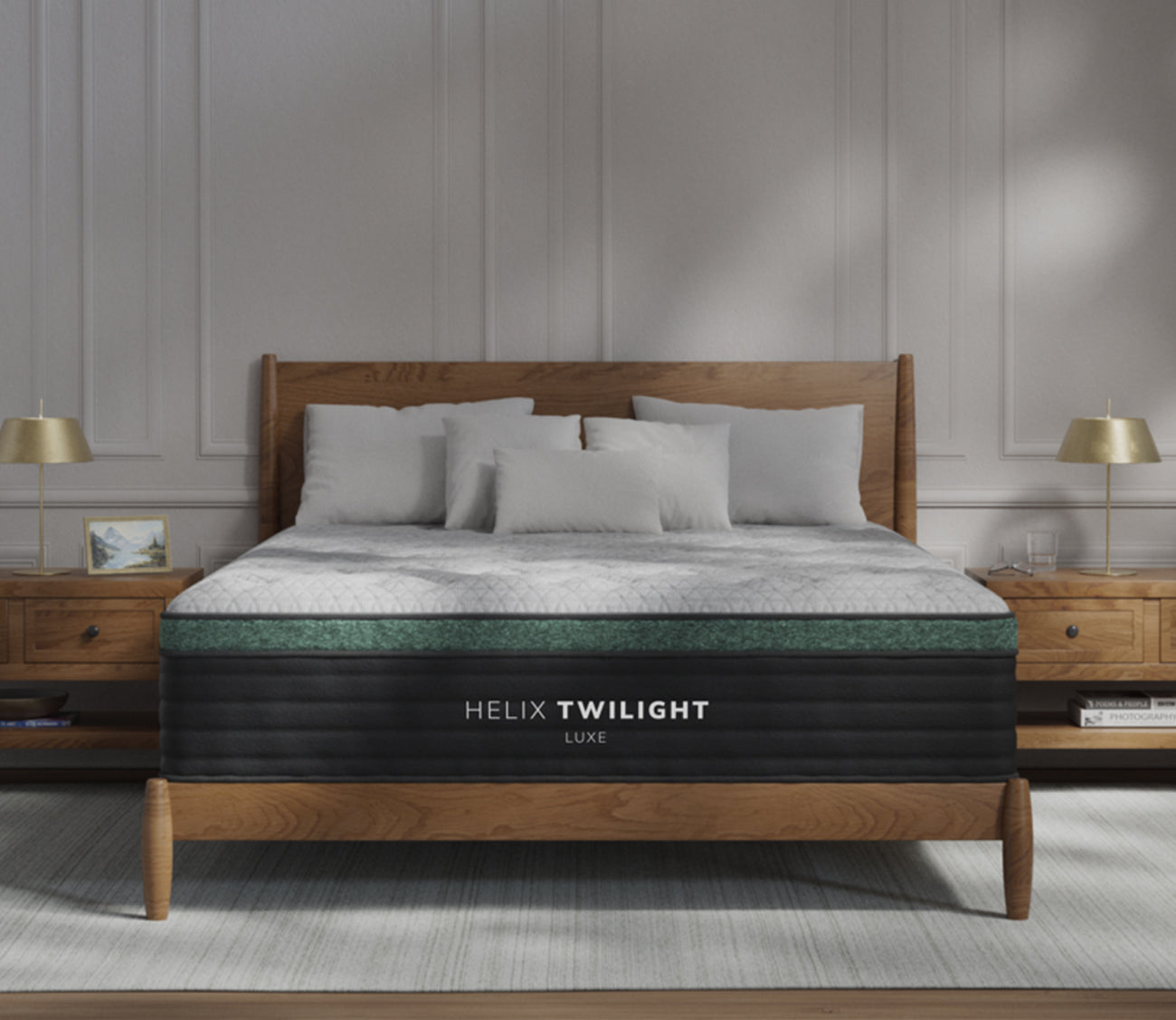 Helix Twilight Luxe mattress with tencel cover in a bedroom setting.