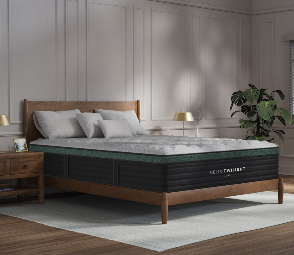 Helix Twilight Luxe mattress with tencel cover in a bedroom setting - angled shot