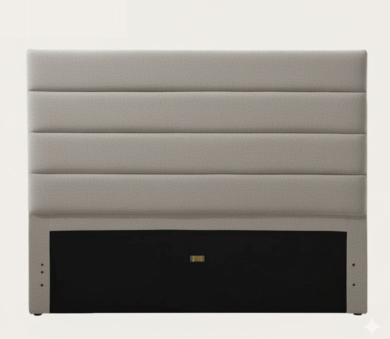 Gray upholstered headboard with a black storage compartment on a white background