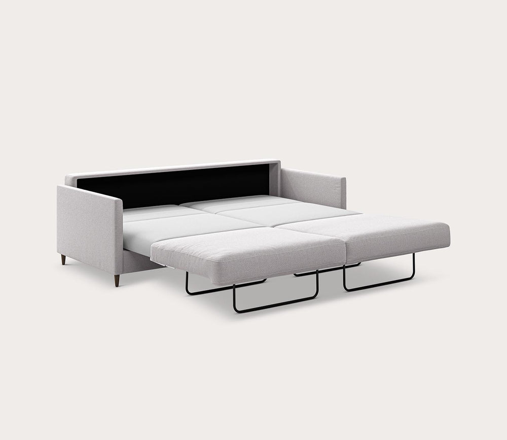 Gray sofa bed with pull-out mechanism on a white background