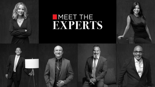 Promotional graphic for 'Meet the Experts' featuring six individuals in professional attire against a black background.