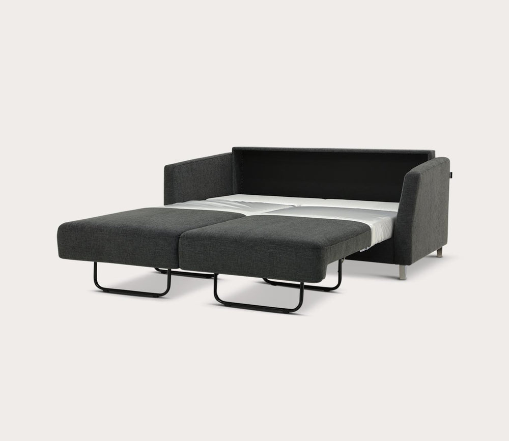 Sofa bed with a black frame and gray cushions on a white background