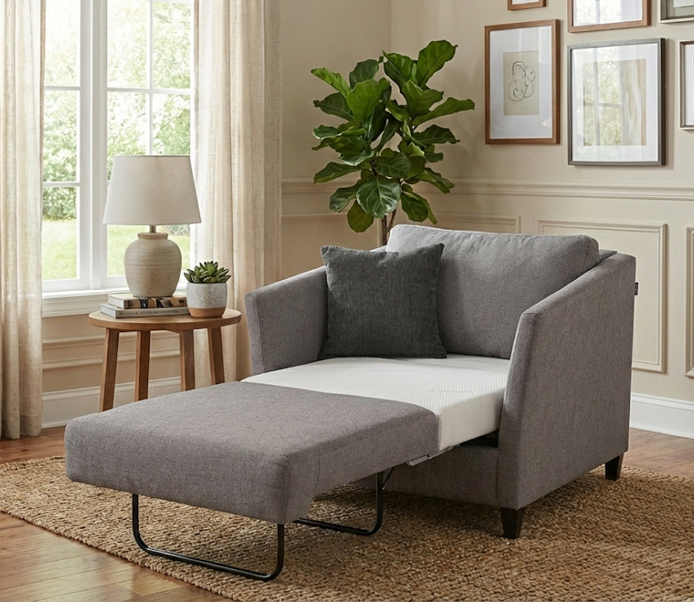 Gray sofa bed in a living room with a plant and side table.