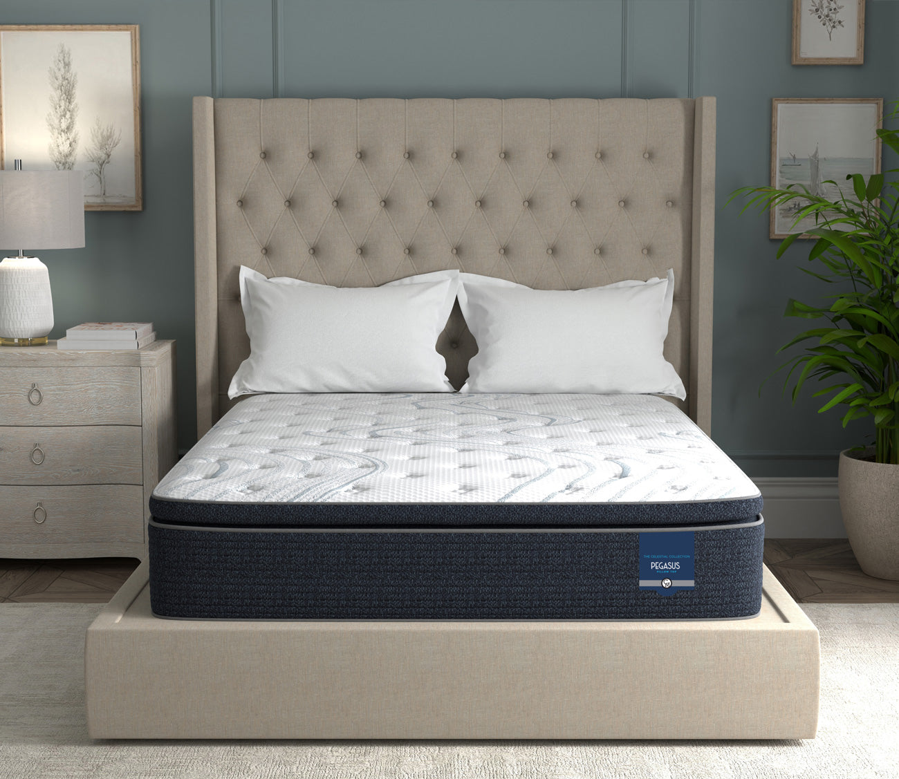 Pegasus 2 Mattress on a bed with a beige headboard in a bedroom setting