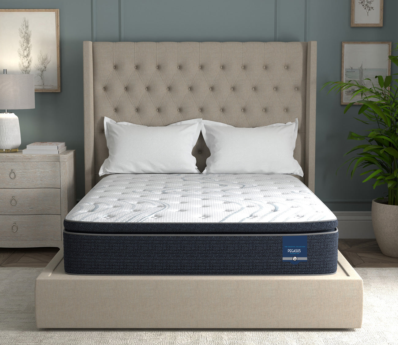 Pegasus Mattress on a bed with a beige headboard in a bedroom setting