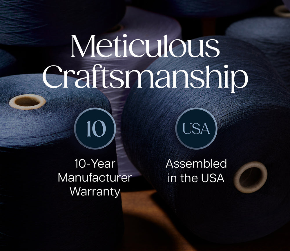 Promotional graphic featuring large dark blue spools of thread or yarn with overlaid text reading 'Meticulous Craftsmanship,' '10-Year Manufacturer Warranty,' and 'Assembled in the USA.'.