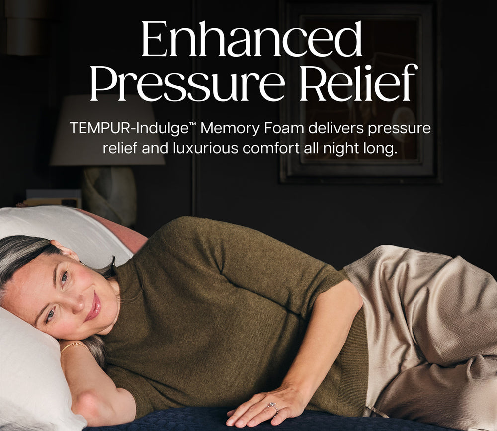 Product feature graphic on Tempur-Indulge memory foam technology for pressure relief.
