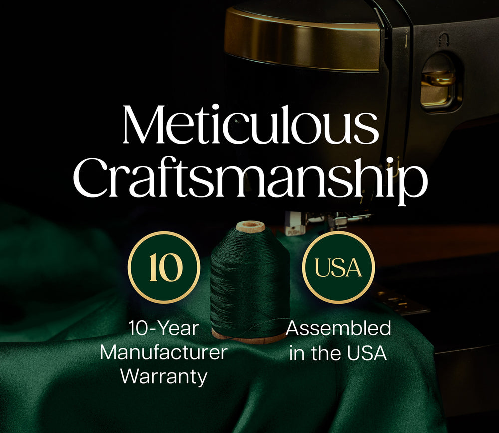 10-year manufacturing warranty and assembled in USA messaging showcasing craftsmanship