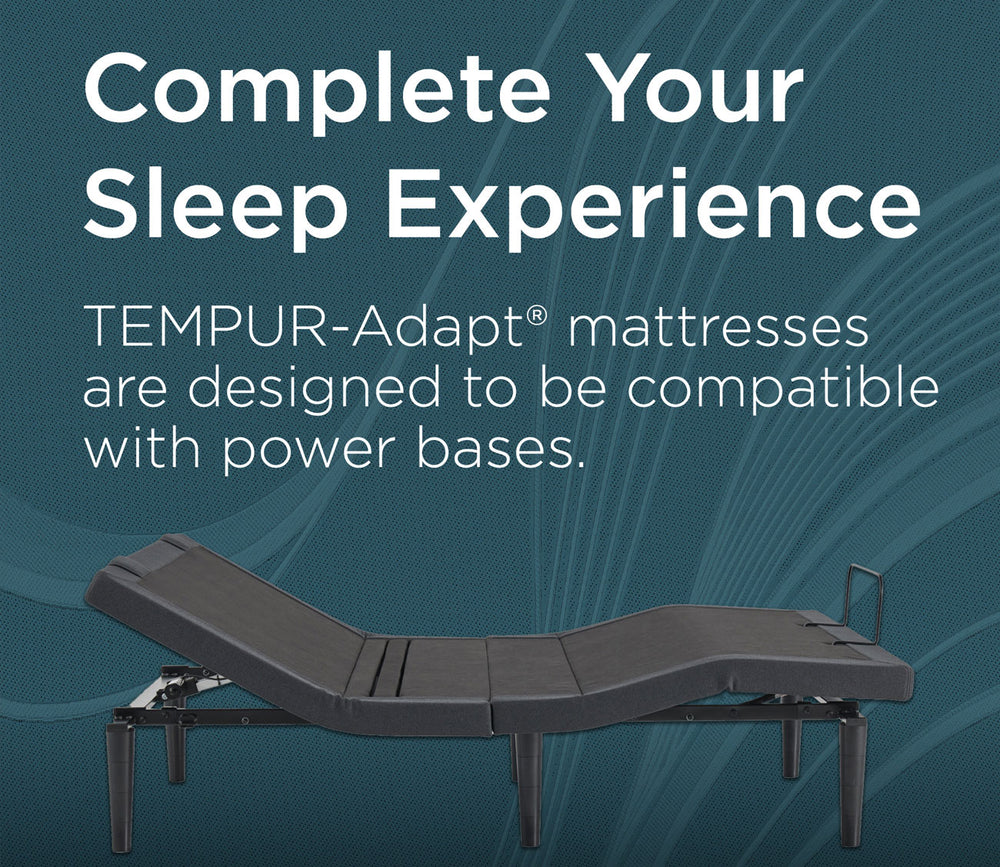 An adjustable TEMPUR-Adapt mattress shown on a dark teal promotional background with large white text reading 'Complete Your Sleep Experience' and smaller text about compatibility with power bases.