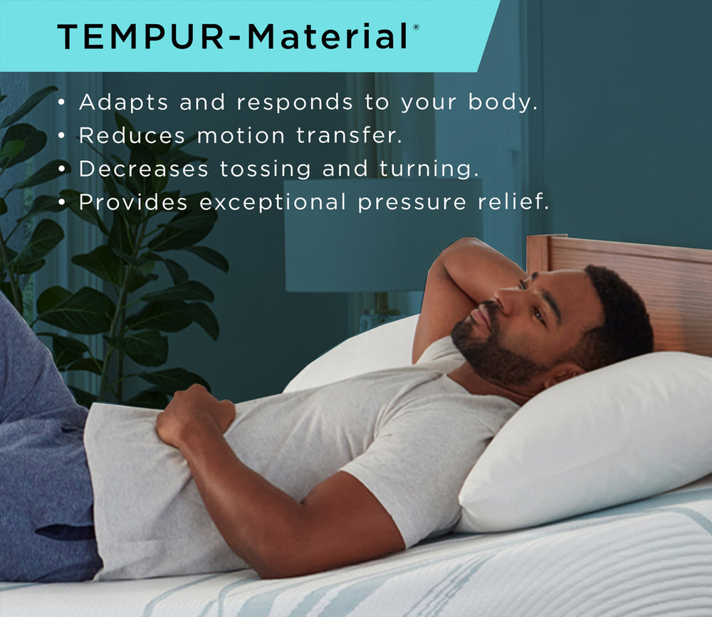Close-up of a man resting on a Tempur-Pedic mattress featuring adaptive and responsive support, reduced motion transfer, decreased tossing and turning, and pressure relief.