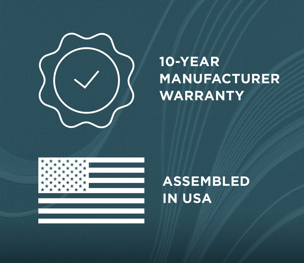Promotional graphic with white icons and text on a dark teal background: a seal icon with a checkmark reading '10-YEAR MANUFACTURER WARRANTY' and an American flag icon reading 'ASSEMBLED IN USA'.