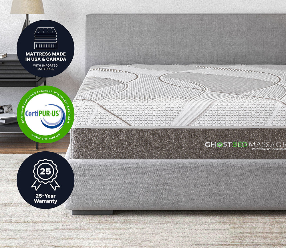 GhostBed Massage Foam Mattress CertPUR-US certification label, warranty label, and country of origin label