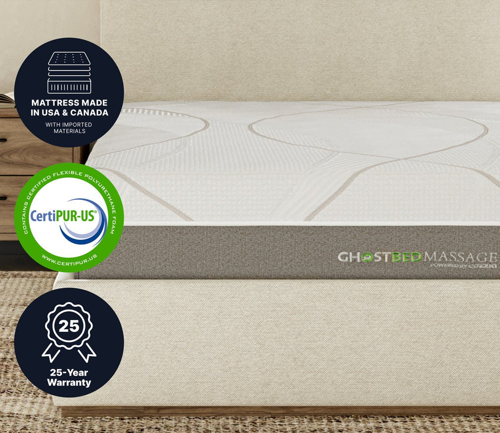 GhostBed Massage Hybrid Mattress CertiPUR-US label, warranty label, and country of origin label