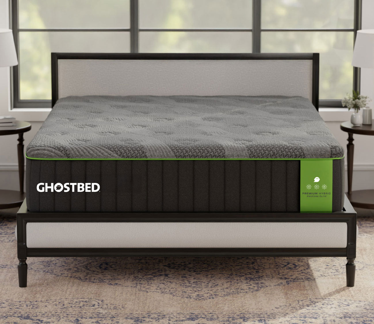 GhostBed Premium Hybrid Mattress featured with an upholstered bed in a bedroom setting
