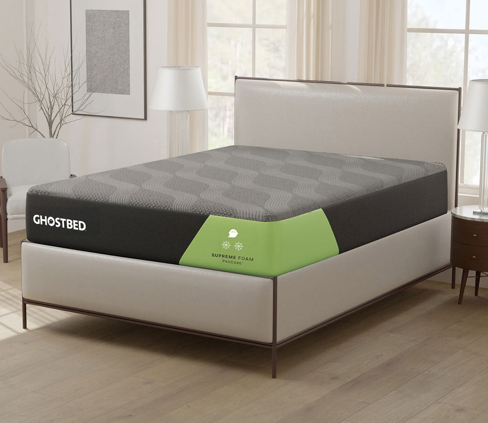 GhostBed Supreme Foam Mattress featured with an upholstered bed in a bedroom setting