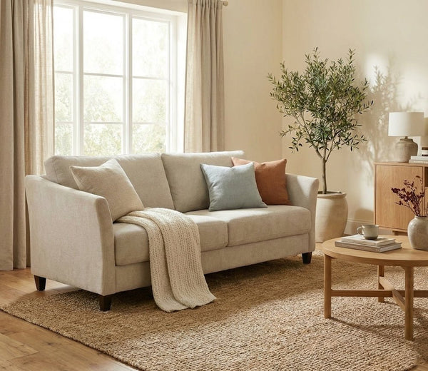 Luonto Naples Sleeper Sofa in sand color - room scene, angled