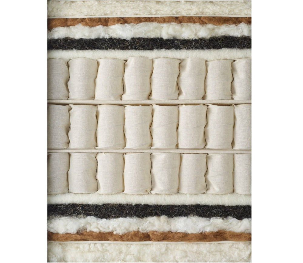 Cutaway view of a Vispring Diamond Majesty mattress showing layered comfort materials and individually wrapped pocketed coils.
