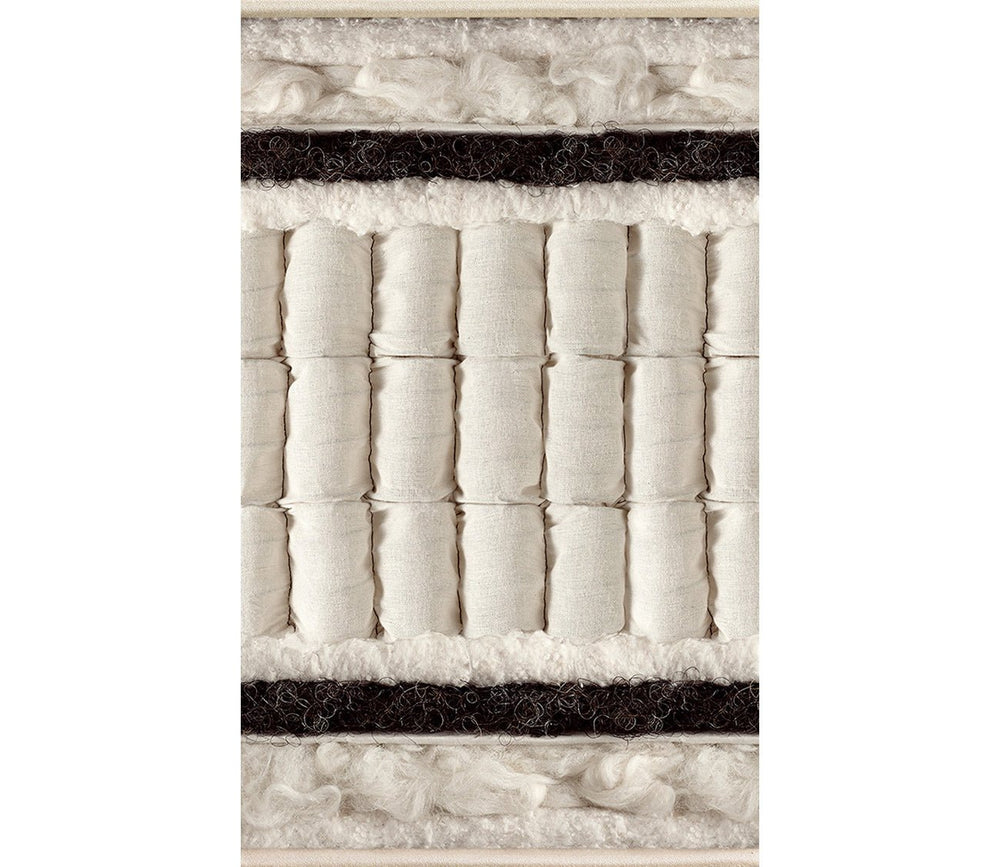 Cross-section of a Vispring mattress showing natural comfort layers and hand-nested pocket springs.