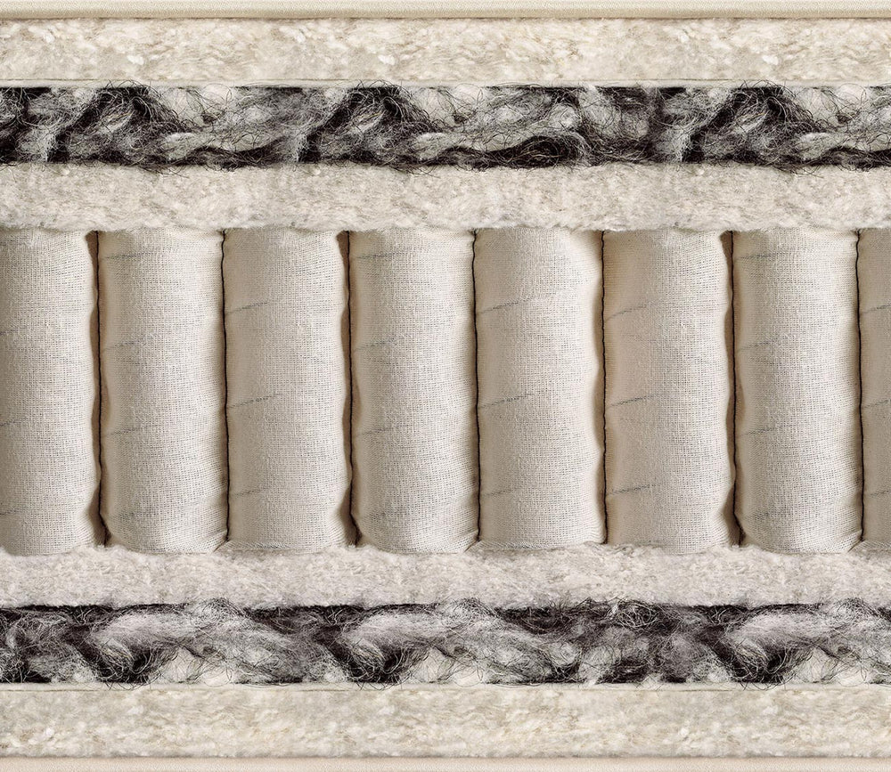 Cross-section of a Vispring mattress showing natural fiber comfort layers and hand-nested pocket springs.