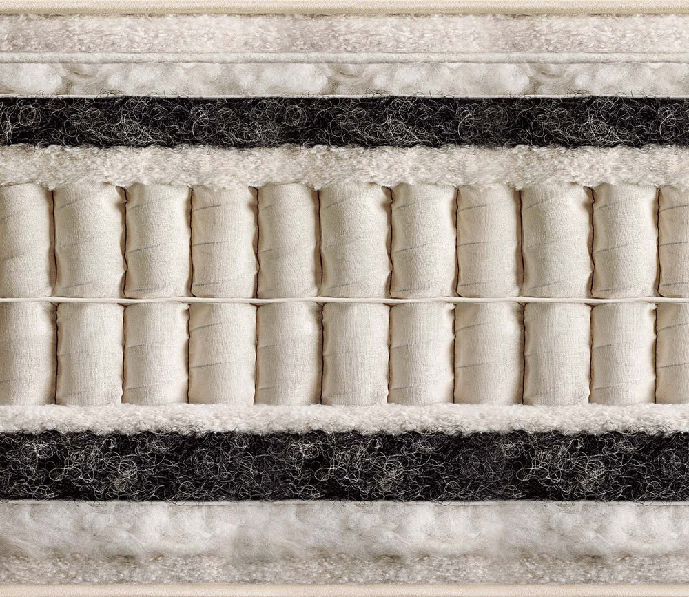 Cross-section of a Vispring mattress showing natural fiber comfort layers and hand-nested pocket springs.