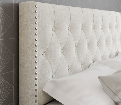 Headboard view of the Madeira Wingback Linen Upholstered Platform Bed by Arkotec