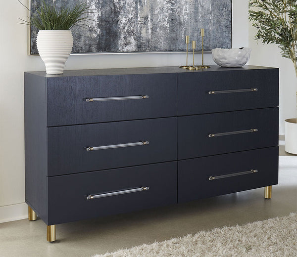 blue and gray dresser Argento Six Drawer Dresser in Navy Blue and Burnished Brass