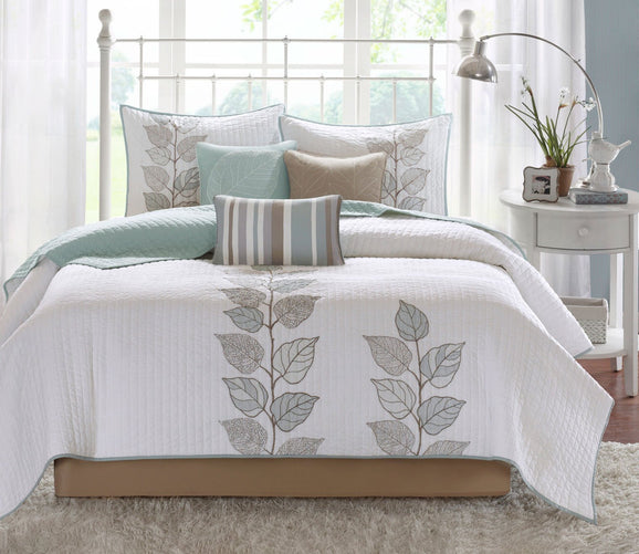 Caelie Reversible Leaf Embroidered Microfiber 6-Piece Coverlet Set by Madison Park