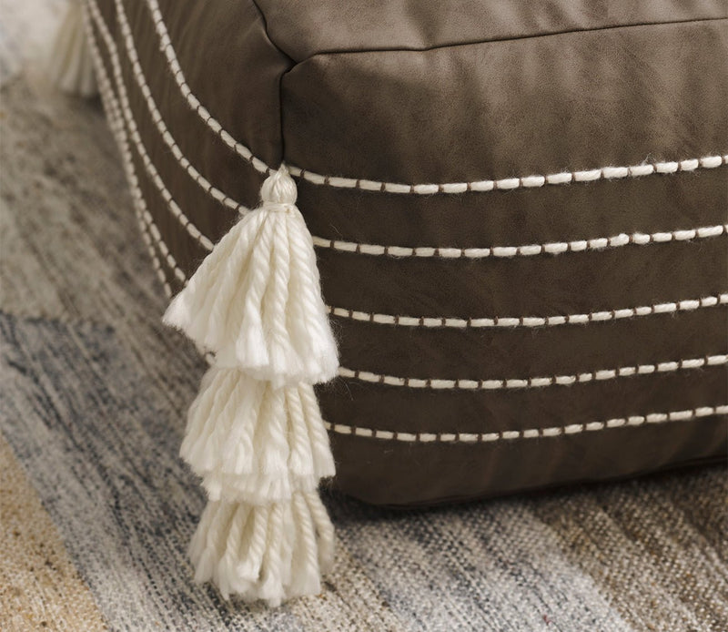 Villa by Classic Home Ezekiel Vegan Leather Hickory Pouf - Image 3