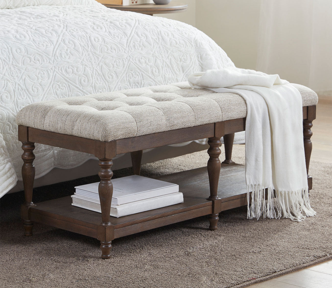 Highland Button Tufted Wood Accent Bench with Shelf by Martha Stewart