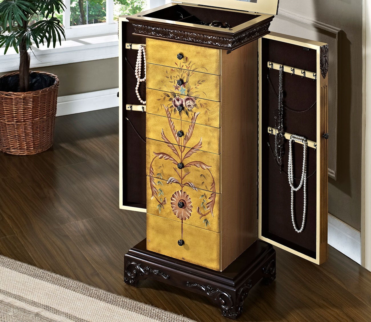 Masterpiece Antique Parchment Hand Painted Jewelry Armoire by Powell