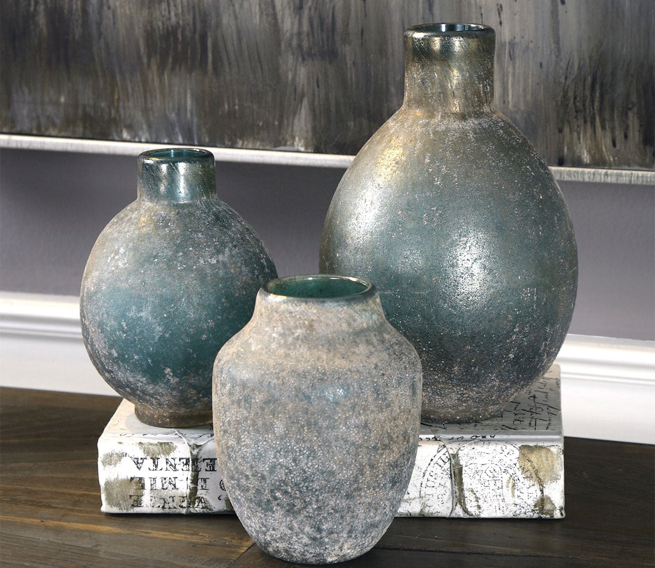 Mercede Weathered Blue Green Vases Set of 3 by Uttermost