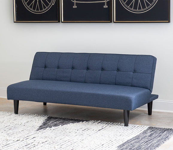 Sawyer Blue Fabric Upholstered Armless Futon Sofa Bed by Legacy Classic