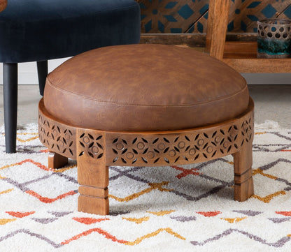Taini Brown Leatherette Round Wood Ottoman by Powell