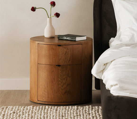 Theo Solid Oak Wood Round 2-Drawer Nightstand by Moe's Furniture